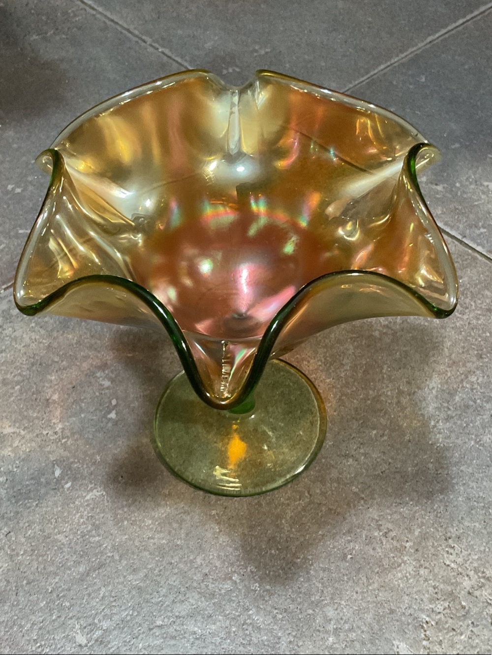 Iridescent Green Glass Compote Bowl vintage